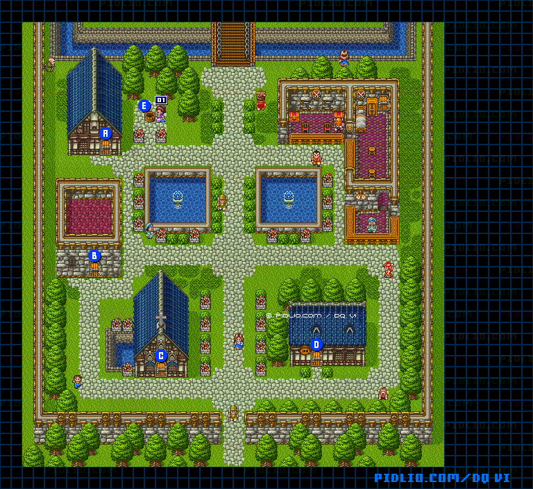 【夢の世界】レイドック城下町・屋外のマップ画像 ／ SFC版ドラゴンクエスト6攻略 ─ pidlio.com