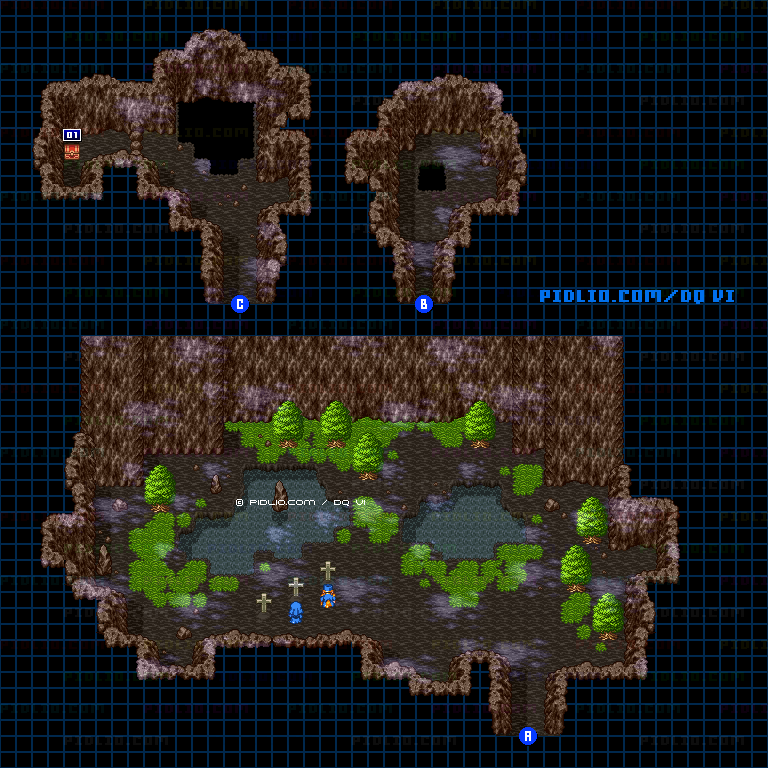 【現実の世界】運命の壁・絶壁下層の洞窟内のマップ画像 ／ SFC版ドラゴンクエスト6攻略 ─ pidlio.com