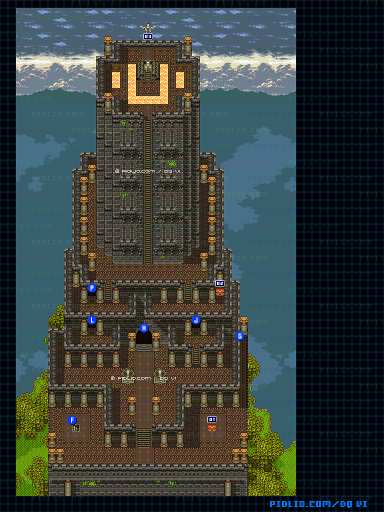 【現実の世界】天馬の塔・上層外観のマップ画像 ／ SFC版ドラゴンクエスト6攻略 ─ pidlio.com