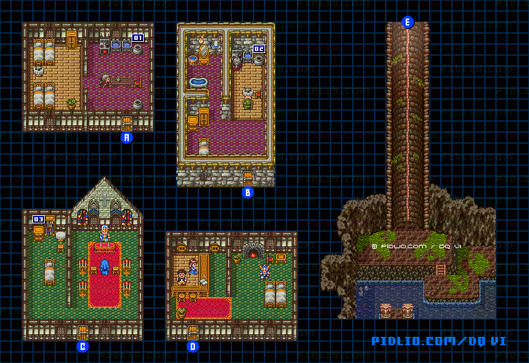 【現実の世界】レイドック城下町・屋内のマップ画像 ／ SFC版ドラゴンクエスト6攻略 ─ pidlio.com