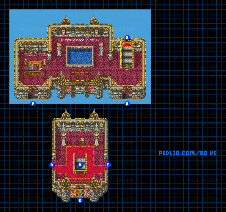 【現実の世界】レイドック城・城内2階のマップ画像 ／ SFC版ドラゴンクエスト6攻略 ─ pidlio.com