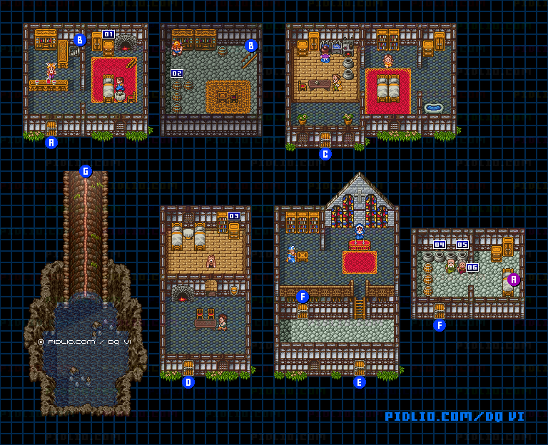 【現実の世界】アモールの町・屋内のマップ画像 ／ SFC版ドラゴンクエスト6攻略 ─ pidlio.com