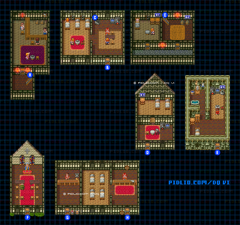 【現実の世界】ガンディーノ城下町・屋内のマップ画像 ／ SFC版ドラゴンクエスト6攻略 ─ pidlio.com