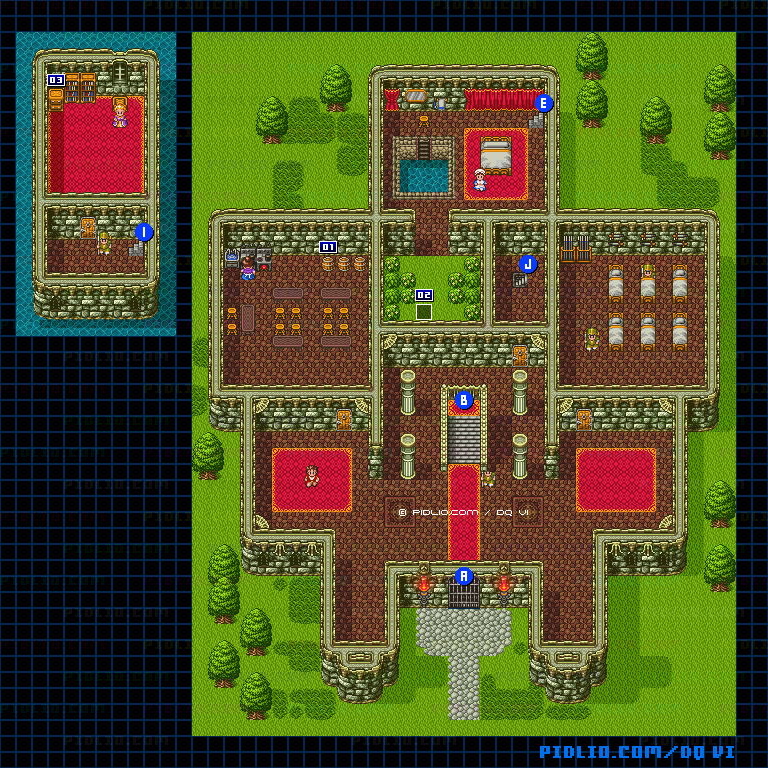 【現実の世界】ガンディーノ城・城内1階のマップ画像 ／ SFC版ドラゴンクエスト6攻略 ─ pidlio.com