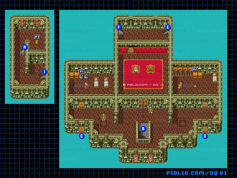 【現実の世界】ガンディーノ城・城内2階のマップ画像 ／ SFC版ドラゴンクエスト6攻略 ─ pidlio.com