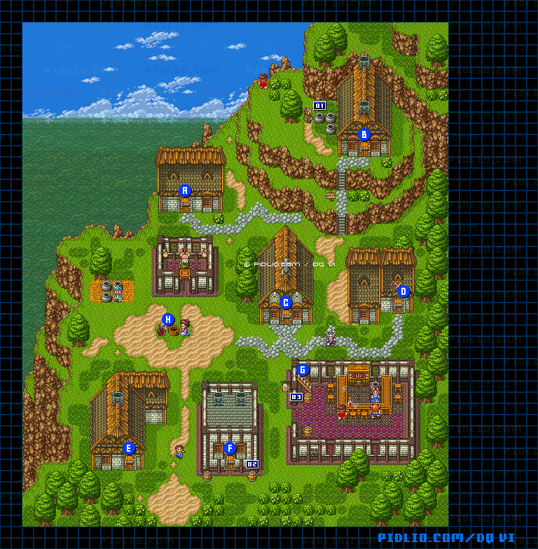 【現実の世界】ライフコッドの村・屋外のマップ画像 ／ SFC版ドラゴンクエスト6攻略 ─ pidlio.com