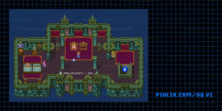 【現実の世界】レイドック城（回想の夜）・城内3階のマップ画像 ／ SFC版ドラゴンクエスト6攻略 ─ pidlio.com