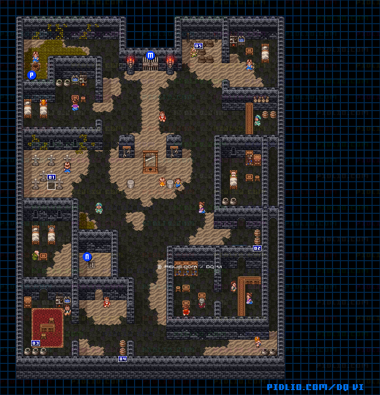 【はざまの世界】牢獄の町・地下3階牢獄のマップ画像 ／ SFC版ドラゴンクエスト6攻略 ─ pidlio.com